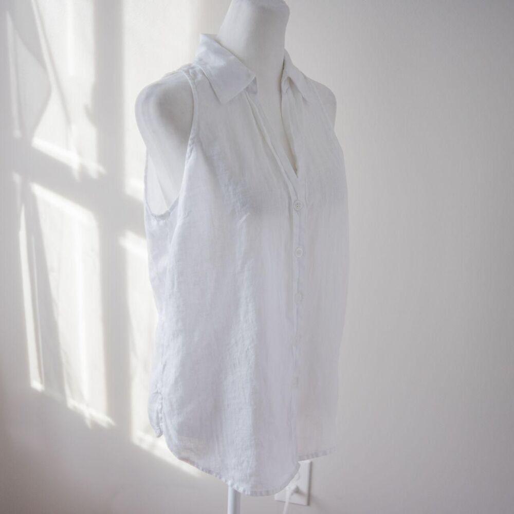 Classic White Linen Sleeveless Summer Beach Cottage Button Collared Womens Shirt - Picture 6 of 8